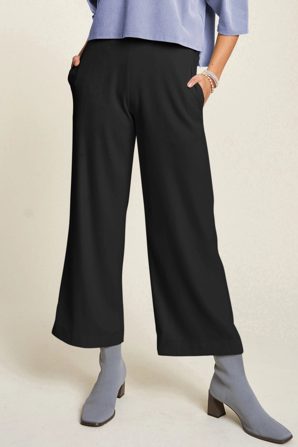 Solid Knit High-Waist Straight Pull Up Pants
