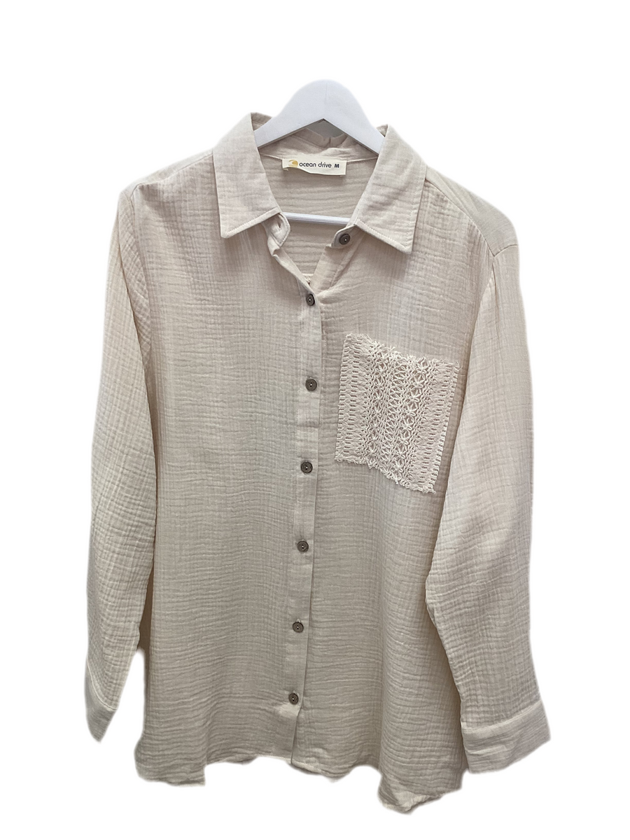 Gauze button up with crochet