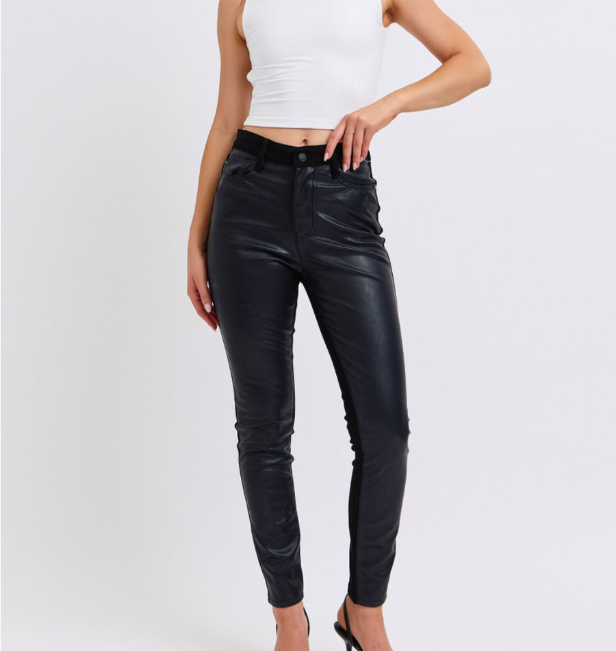 HW faux leather&denim skinny