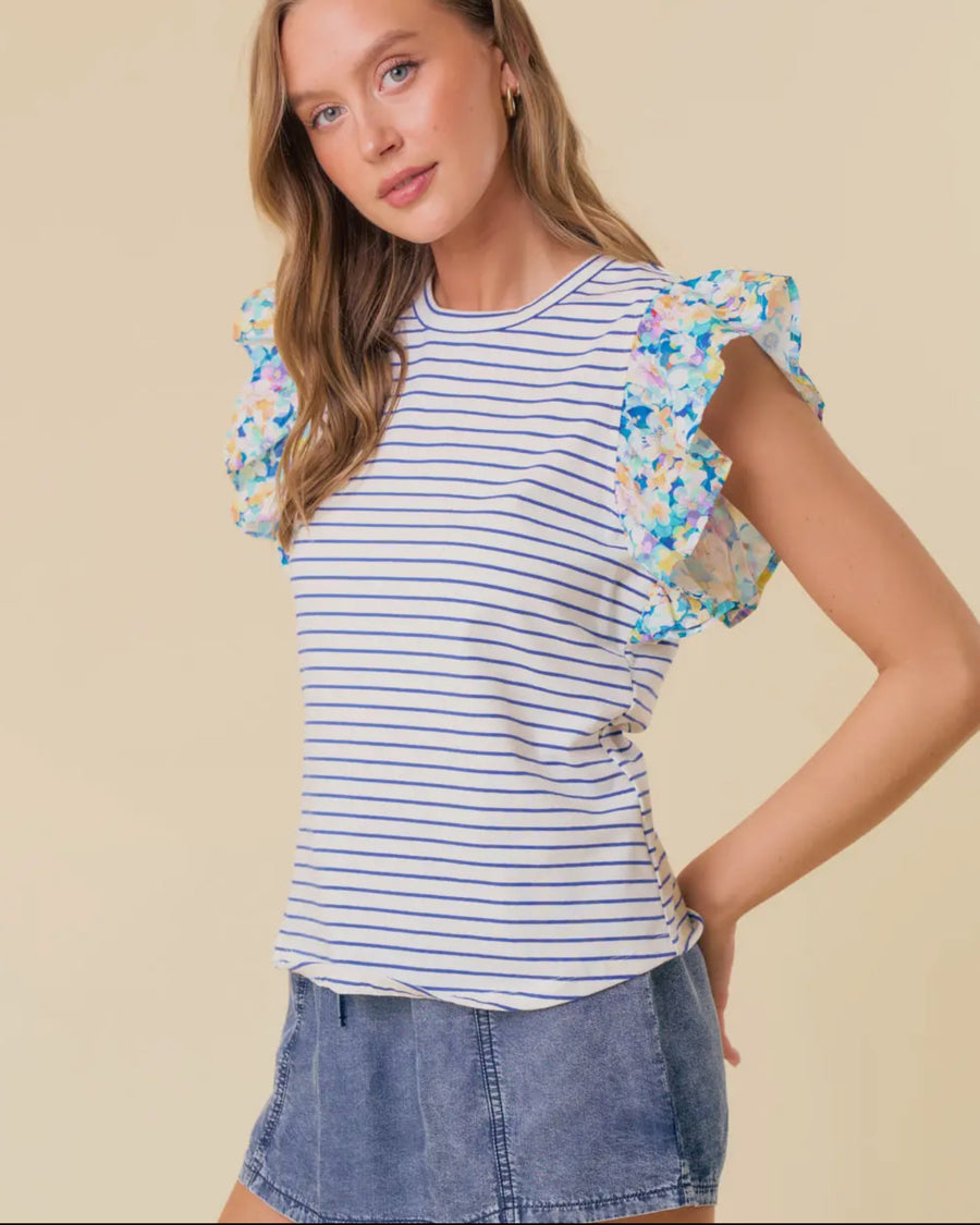 Ruffle sleeve striped top