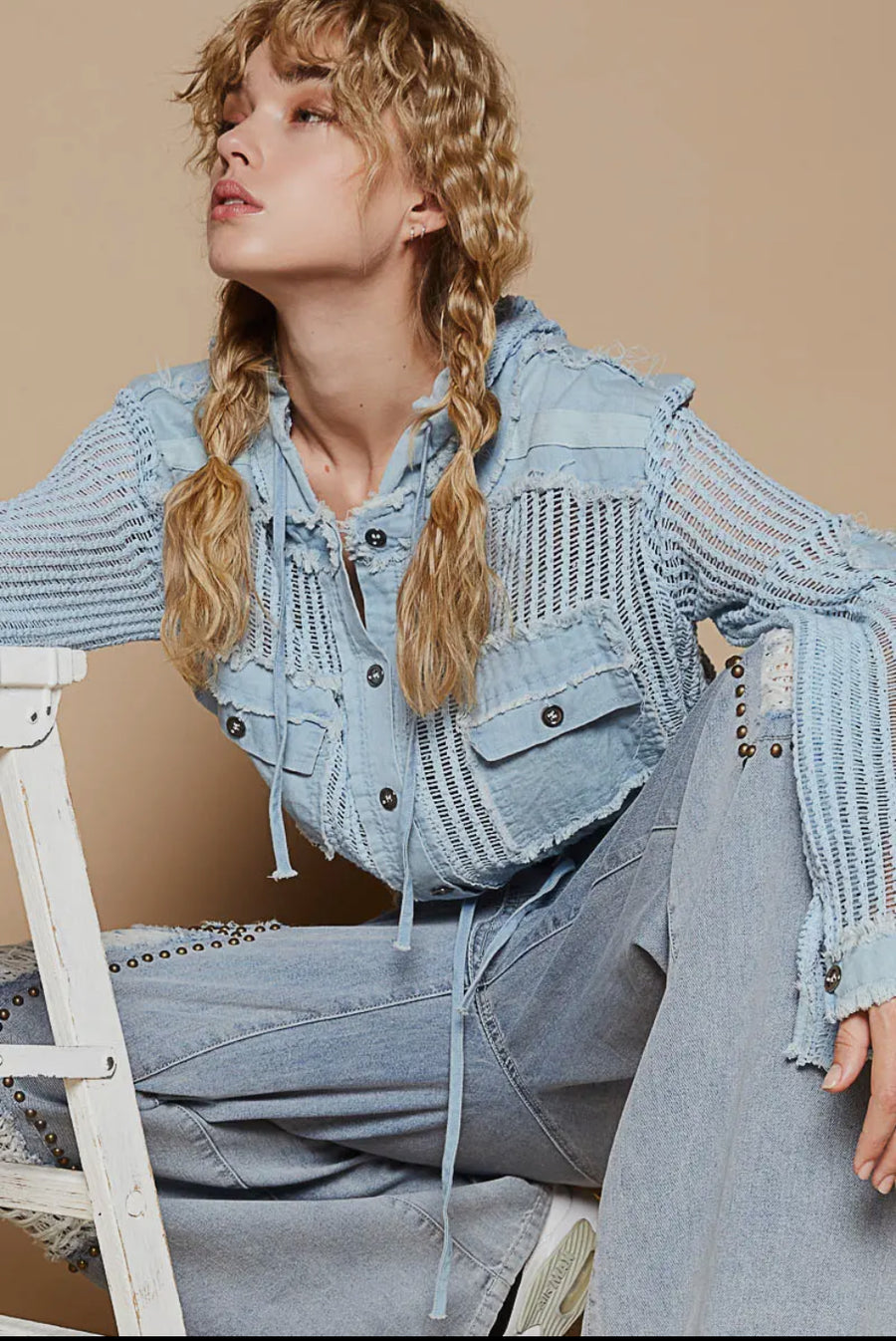 Open knit hooded button down