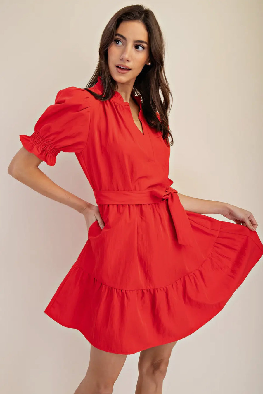 Ruffle neck puff sleeve dress
