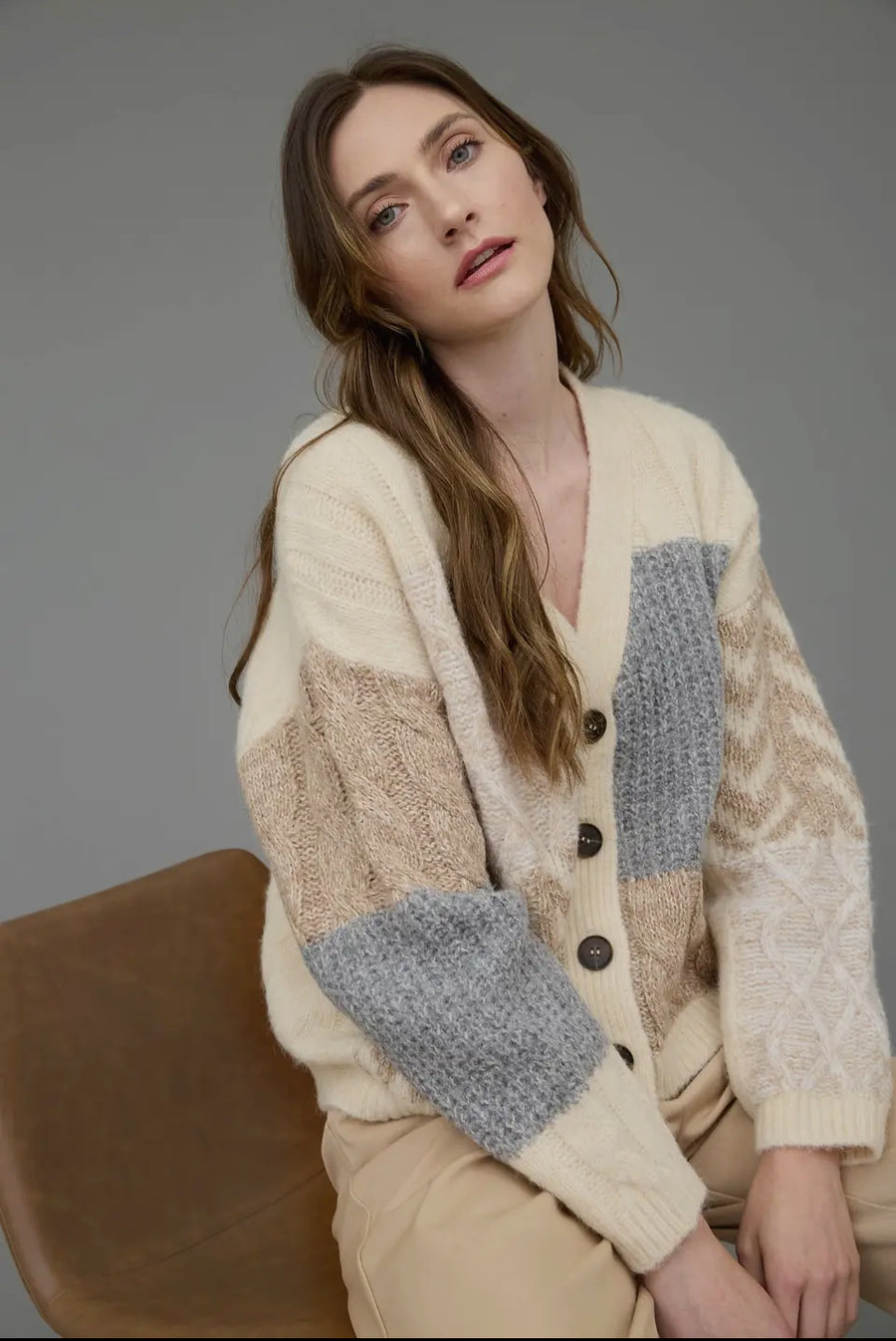 V neck patchwork cable knit cardigan