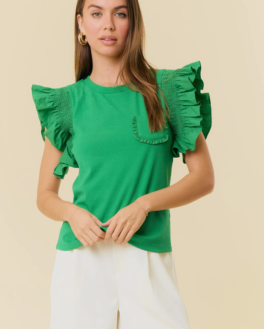Poplin smocked ruffle sleeve top