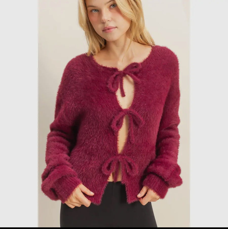 Front tie fuzzy sweater
