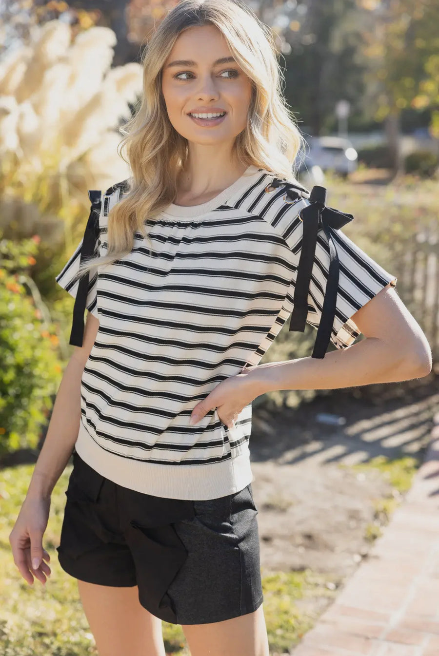 Lace up grommet stripe top