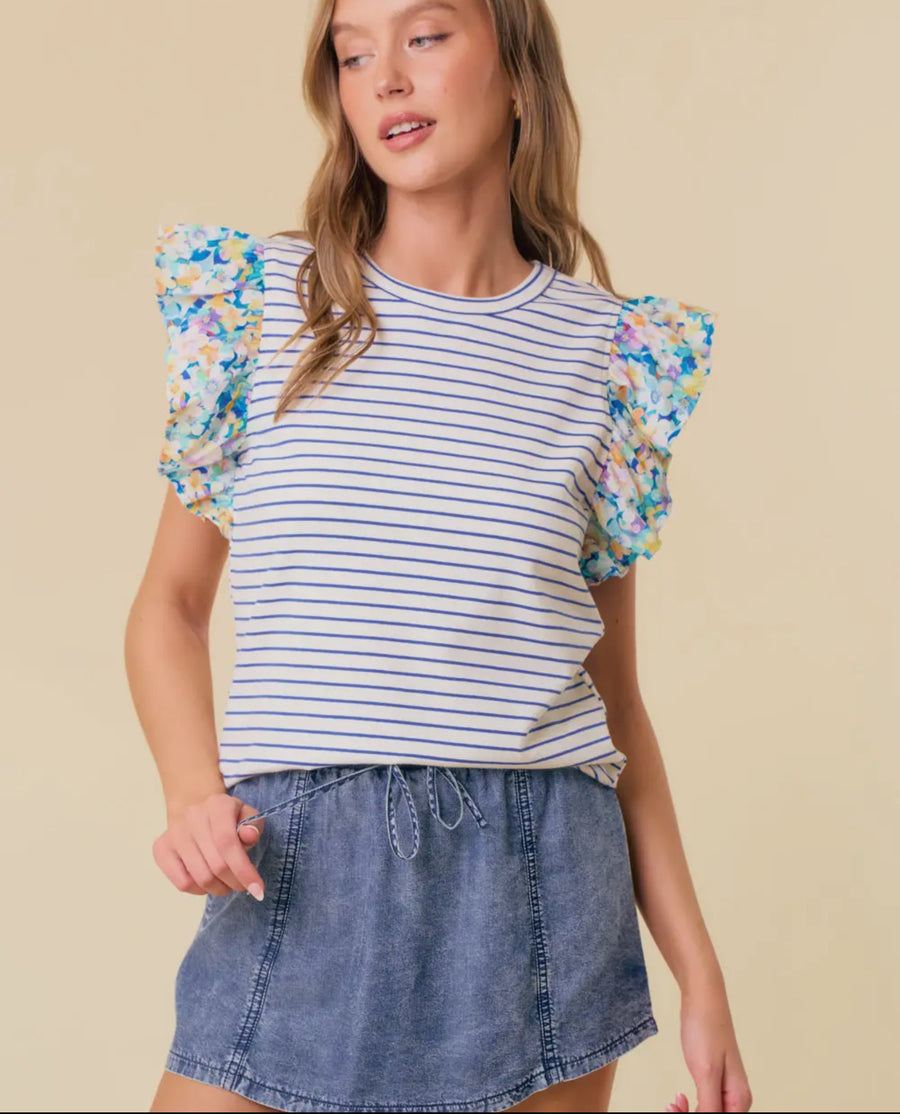 Ruffle sleeve striped top