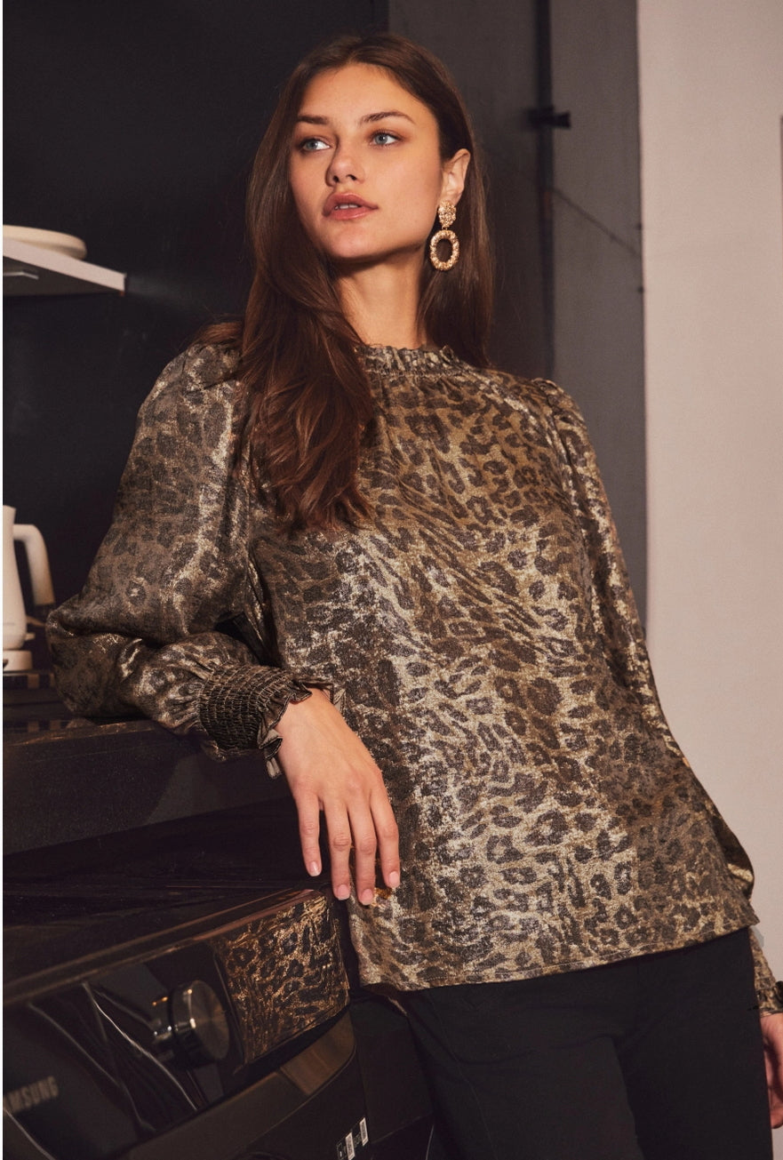Leopard printed metallic top