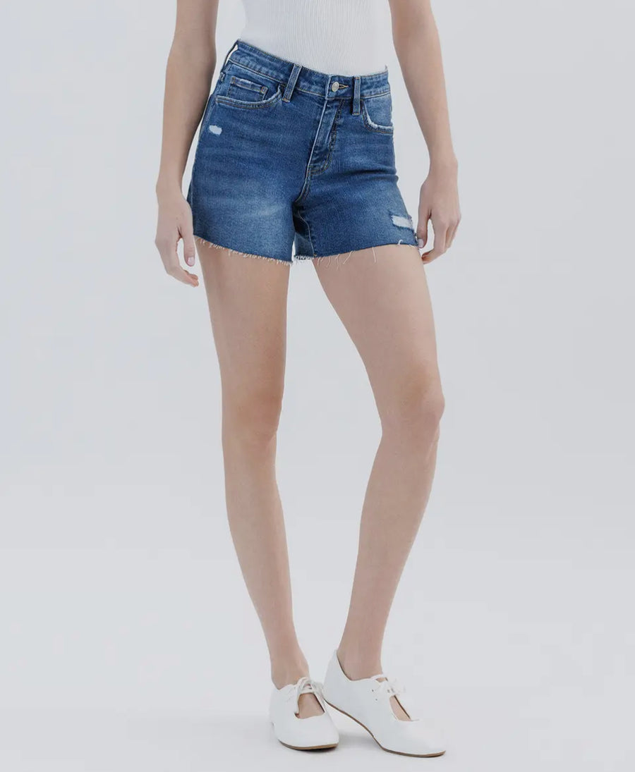 High rise raw hem denim shorts