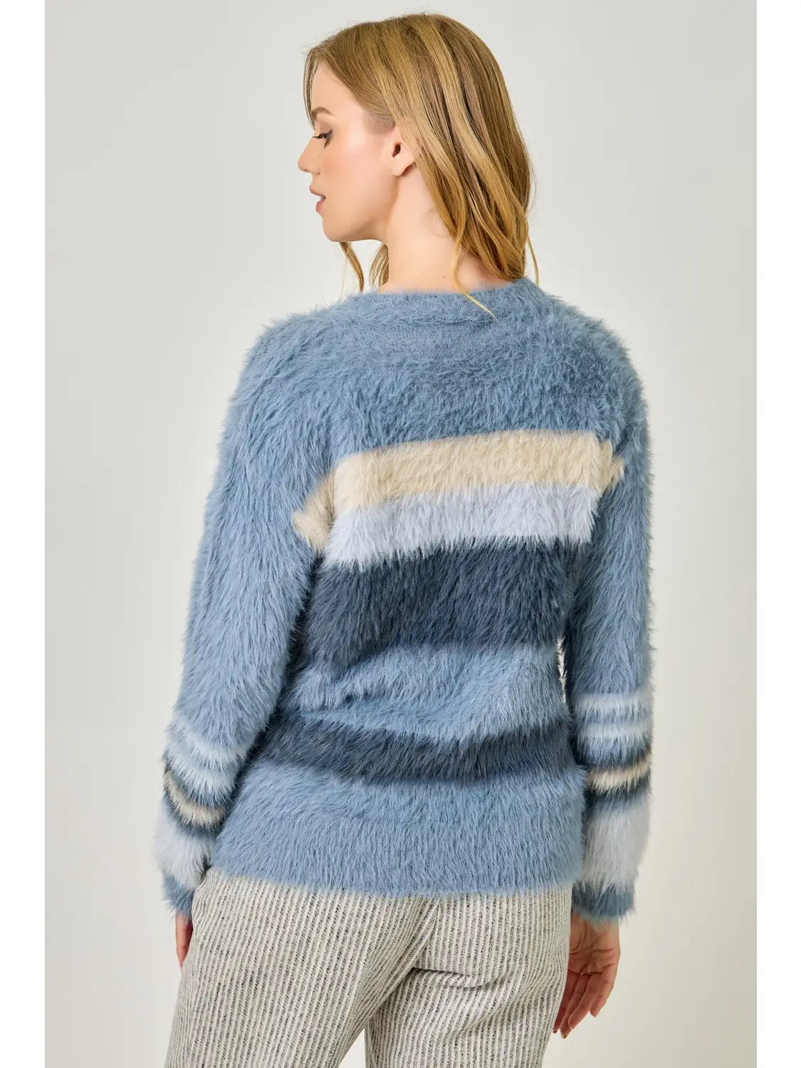 Fuzzy colorblock striped sweater