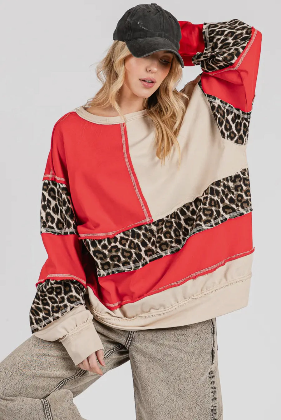 Leopard patchwork crew neck