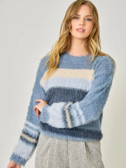 Fuzzy colorblock striped sweater